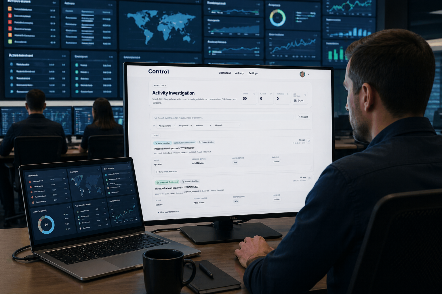 Control room with Contro1 activity investigation and operational dashboards