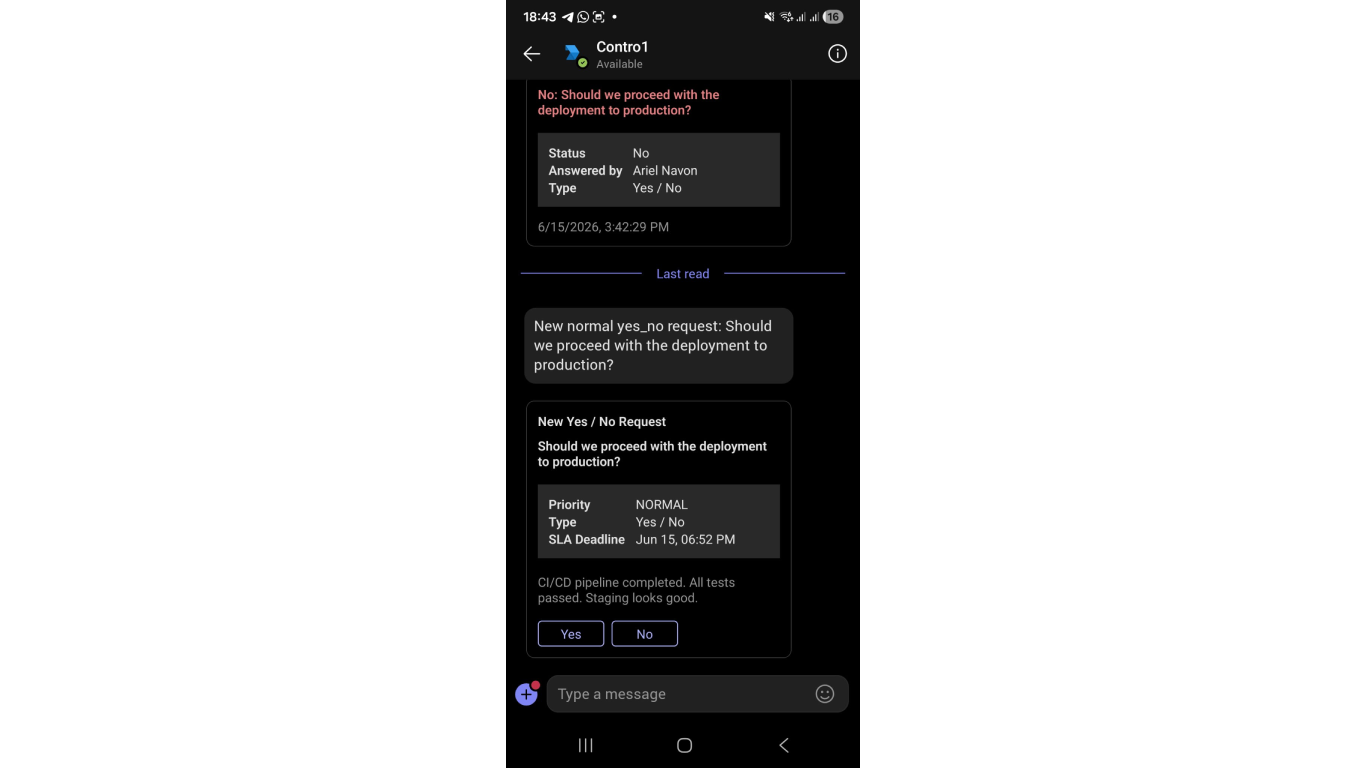 Microsoft Teams mobile chat showing a Contro1 approval request with Yes and No buttons